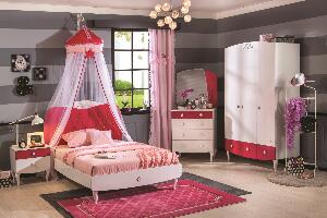 Set Mobila dormitor din pal, pentru fete si tineret 4 piese Yakut White / Dark Pink