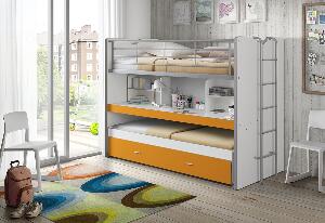Pat etajat din pal si metal cu birou incorporat si sertar, pentru copii Bonny Alb / Portocaliu, 200 x 90 cm