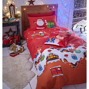 Lenjerie de pat cu model de Crăciun Catherine Lansfield Rudolf, 200 x 200 cm, roșu