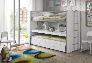 Pat etajat din pal si metal cu birou incorporat si sertar, pentru copii Bonny Alb, 200 x 90 cm