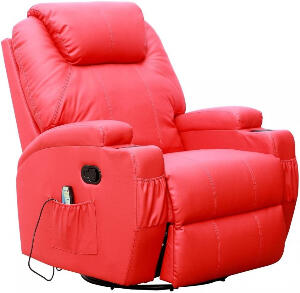 Fotoliu recliner Cinemo, cu masaj, incalzire, rotativ si cu suport pentru bauturi, piele naturala, rosu
