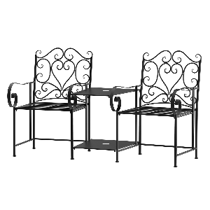 Outsunny Set 2 scaune de Gradina cu masuta de cafea si gaura pentru Umbrela in Metal, Negru