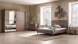 Set Mobila Dormitor din pal, cu pat 200 x 160 cm, 5 piese Clara Nuc / Grej