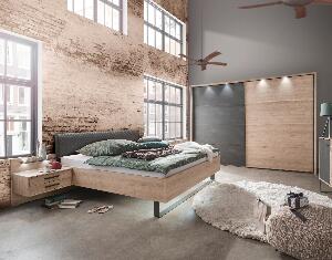 Set Mobila Dormitor din pal si piele ecologica, cu pat 200 x 160 cm, 6 piese Bruxelles Small Stejar / Grafit